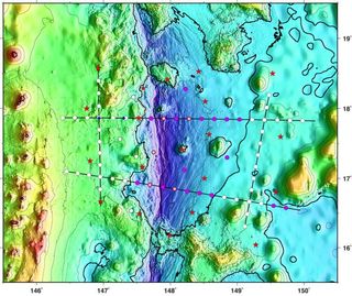 A map of the research area around the Mariana Trench. Guam and the Challenger Deep lie just out of frame to the south. Red stars represent seismometers that remain on the seafloor. The white lines within the purple shading are the cracks in the seafloor scientists believe may be allowing water to reach the mantle.