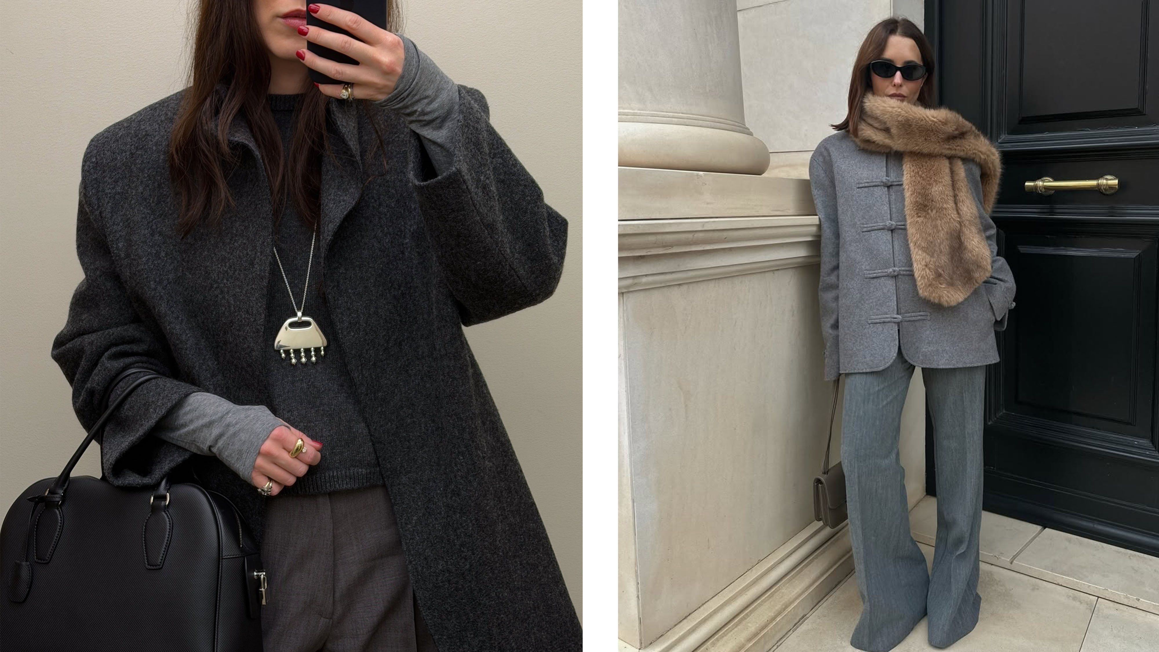 Two women wearing gray coats and trousers.