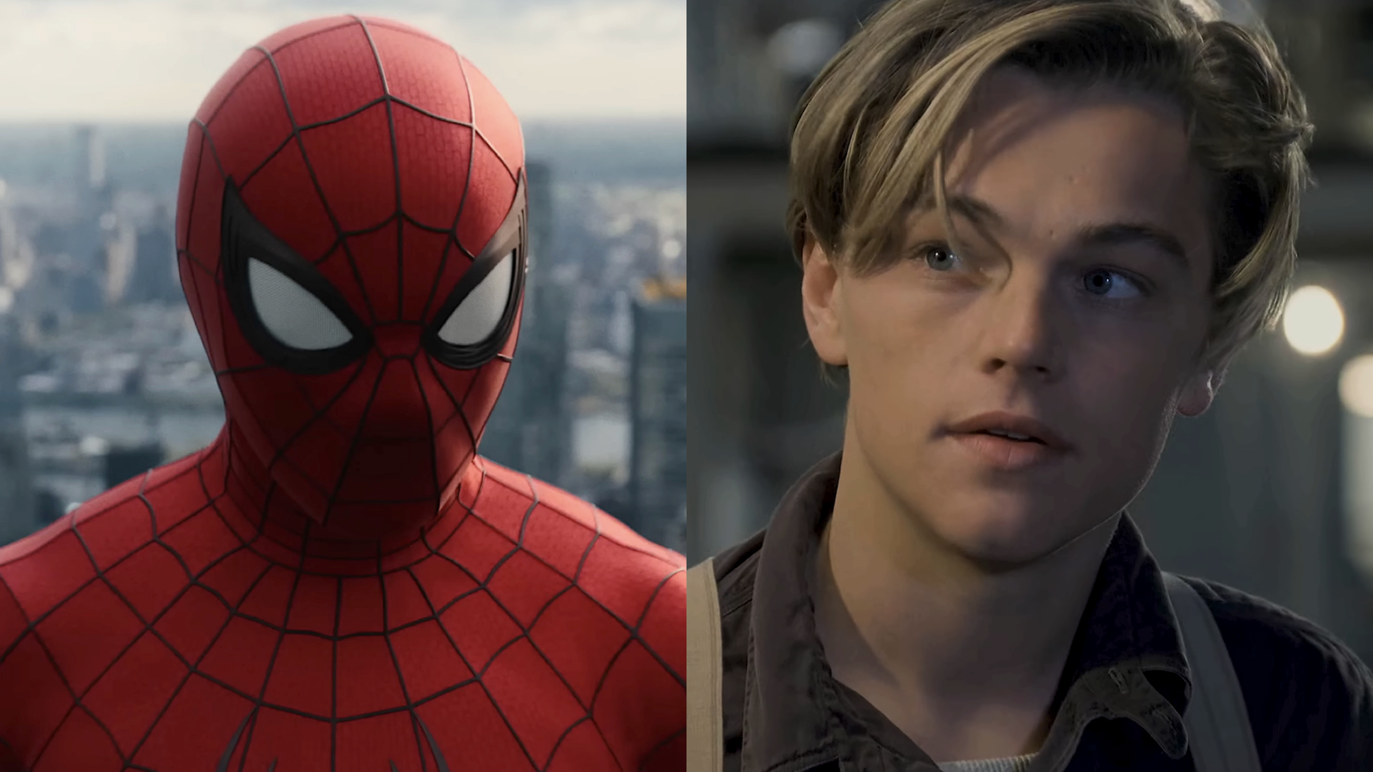 Side by side: Spider-Man standing atop skycraper in Spider-Man Brand New Day, Jack looking at Rose in Titanic