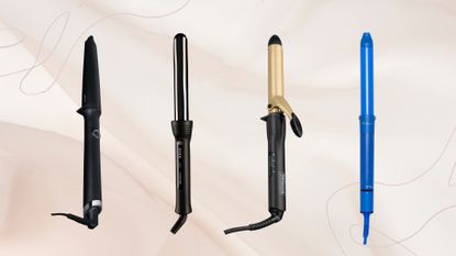 Collage of four of the best curlers for short hair featued in this guide from (left to right) ghd, Cloud Nine, TRESemm&eacute; and Hershesons, set against a dusky pale pink fabric effect background with two minimalistic single line designs
