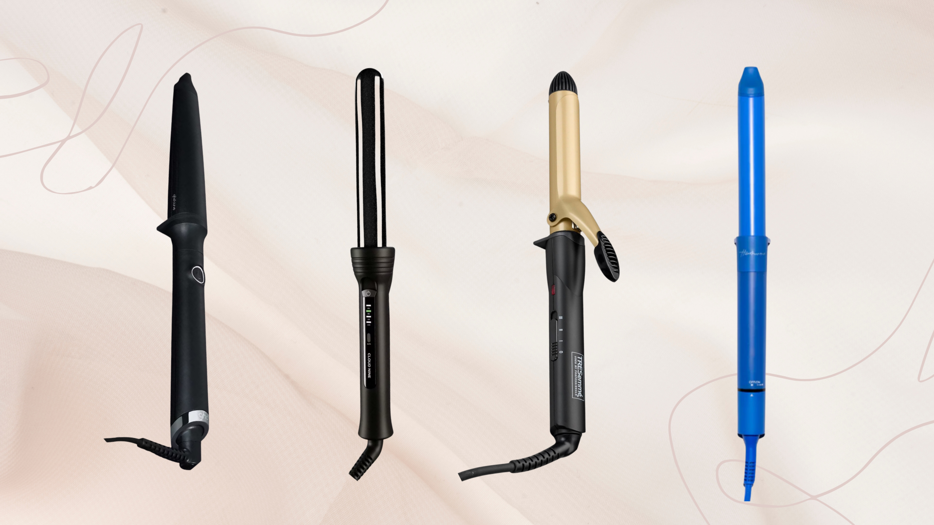 Collage of four of the best curlers for short hair featued in this guide from (left to right) ghd, Cloud Nine, TRESemm&eacute; and Hershesons, set against a dusky pale pink fabric effect background with two minimalistic single line designs