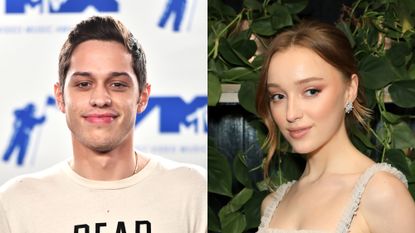 Pete Davidson in the press room during the 2017 MTV Video Music Awards / Phoebe Dynevor poses the Netflix BAFTA after party at Chiltern Firehouse on February 2, 2020