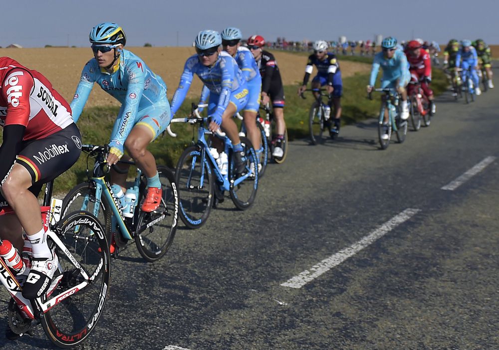 Astana riders in the peloton during Paris-Tours