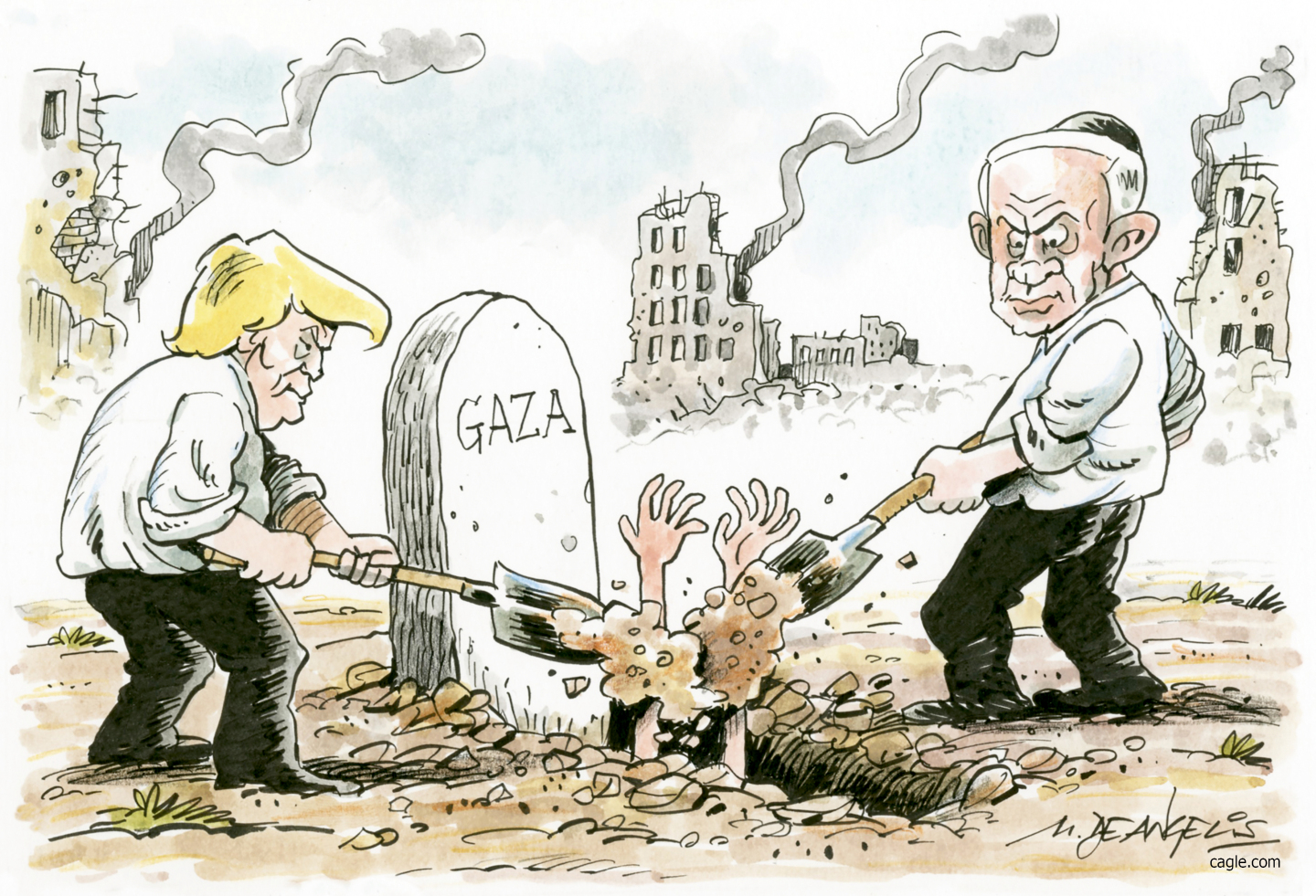 This cartoon depicts Donald Trump and BiBi Netanyahu shoveling dirt into a grave with a headstone labeled “GAZA”. The person in the grave is still alive and is raising their hands in vain. Smoking and destroyed buildings loom in the background.