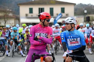 2024 Tirreno-Adriatico stage 2 start: Filippo Ganna (l) and race leader Juan Ayuso