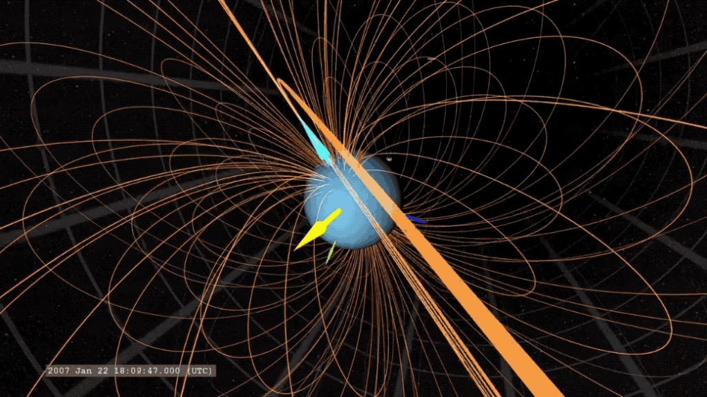 An animation shows the strange magnetic field of Uranus. The yellow arrow points toward the sun and the dark blue arrow represents the planet's axis.