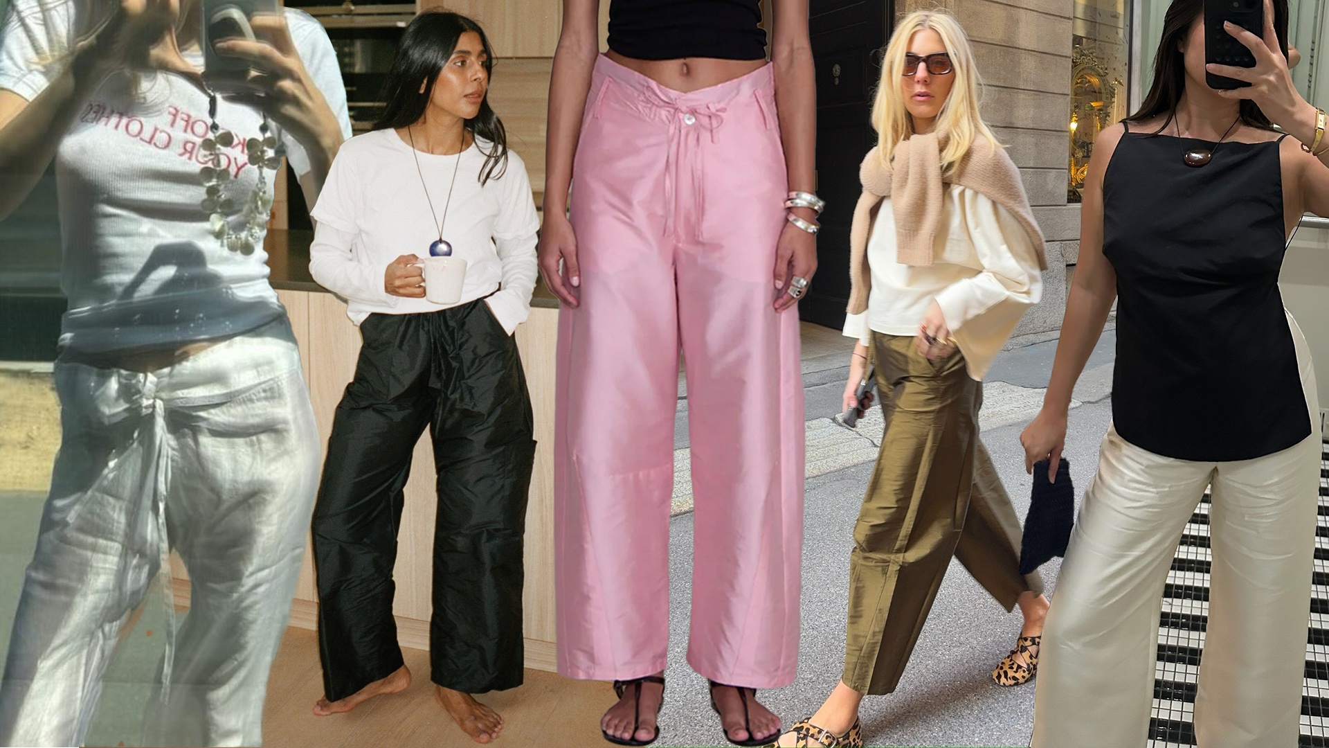 fashion collage featuring style influencers and a Chan Luu model wearing the silk taffeta pants trend for 2026