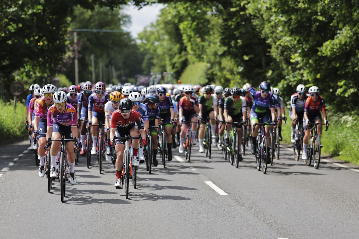 Peloton together on the roads of stage 3: The Warrington Stage, Cheshire, England