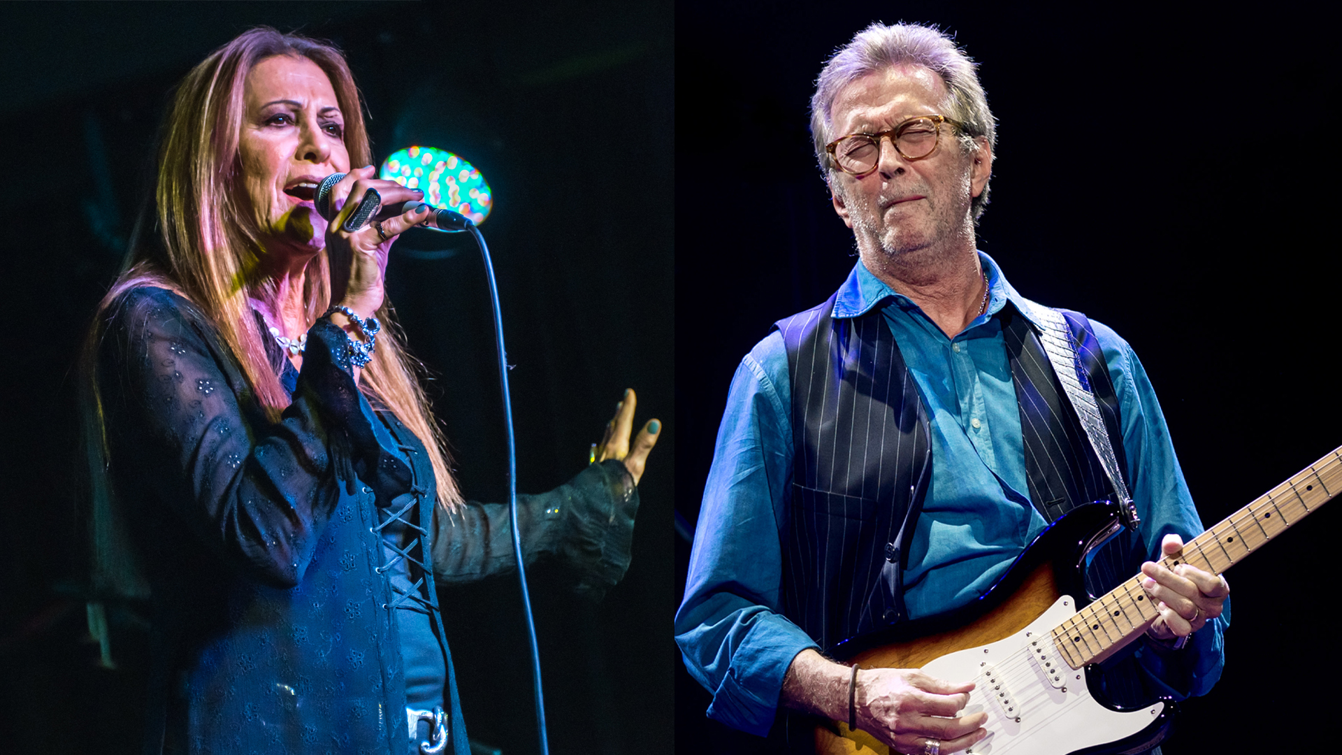 LEFT: Rita Coolidge performs live on stage at Boisdale of Canary Wharf on May 14, 2018 in London, England. RIGHT: Eric Clapton performs at Royal Albert Hall on May 14, 2015 in London, United Kingdom 