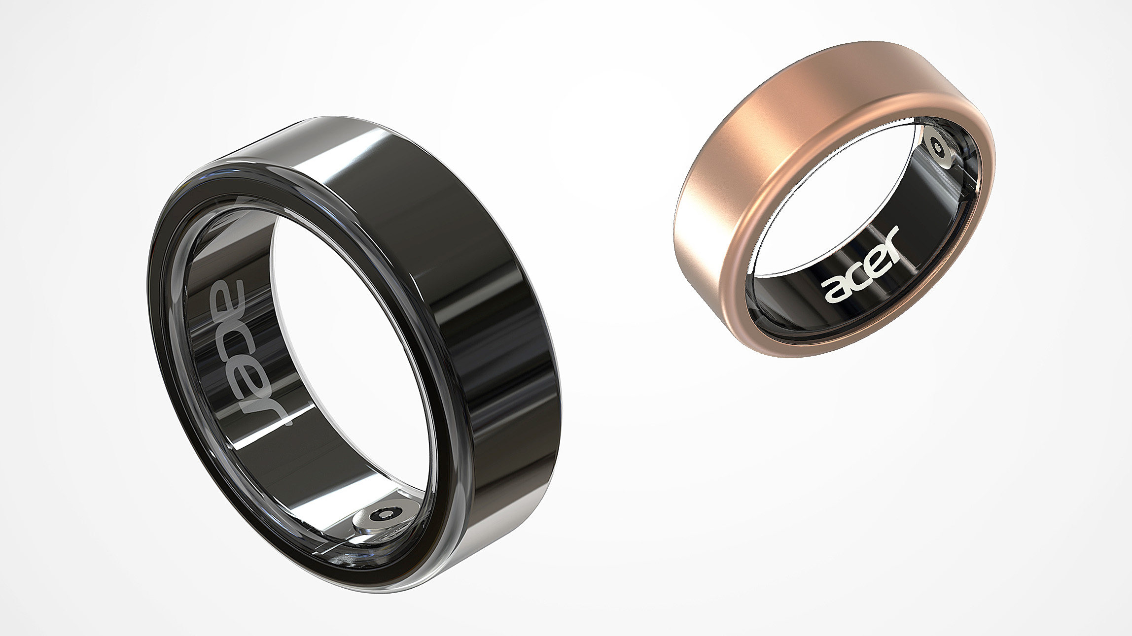 Close-up of two Acer FreeSense smart rings in black and rose gold