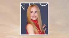 Nicole Kidman is pictured wearing a red lace dress at the 2025 Kering Women In Motion Awards during The 78th Annual Cannes Film Festival at Place de la Castre on May 18, 2025 in Cannes, France/ in a beige and grey sunset-style template