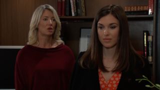 Cynthia Watros and Katelyn MacMullen as Nina and Willow in a tense moment in General Hospital