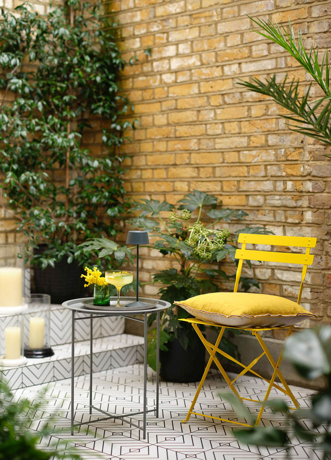 rechargeable outdoor lamps on small patio