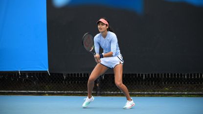 Emma Raducanu of Great Britain practices at Albert Park courts during day one of the 2022 Australian Open 