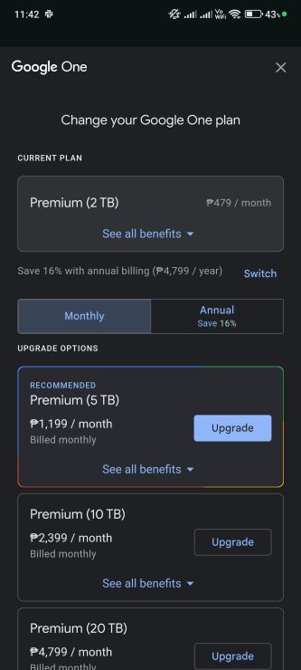 Google One app showing all the tiers