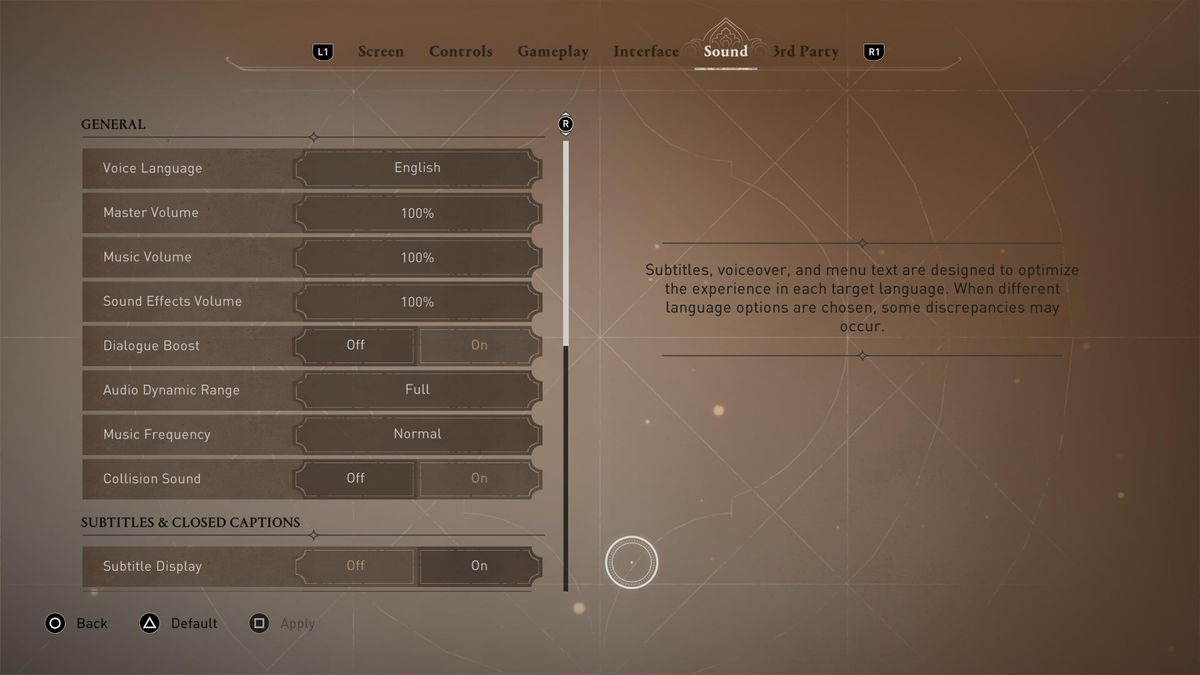Screenshots of menus from Assassin's Creed Mirage