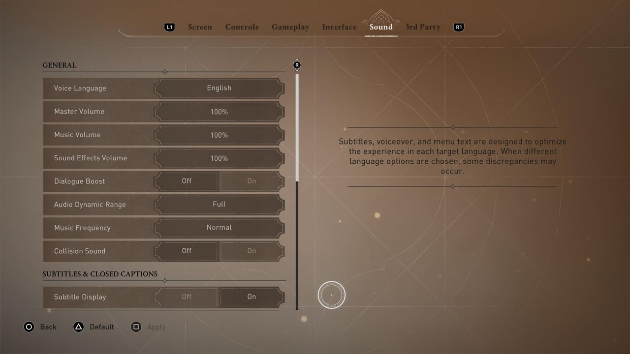 Screenshots of menus from Assassin's Creed Mirage