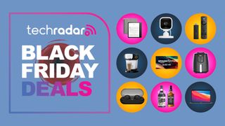 Assorted tech products on blue background with black friday deals text overlay