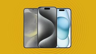 Apple iPhone 15 Pro, iPhone 15, and Samsung Galaxy S24 on yellow background