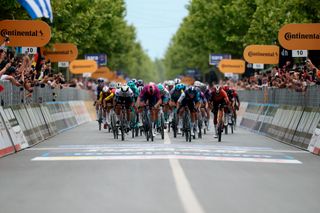 Mads Pedersen sprinting to victory on stage 3 of the Giro d'Italia 2025