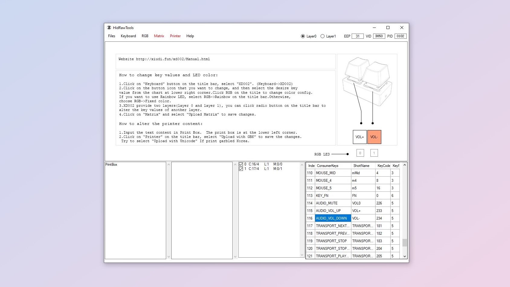 A screenshot of the HidRawTools software used to program the XD002 macro pad