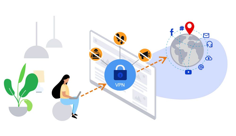 An illustration of a woman using a VPN to connect to the Internet.