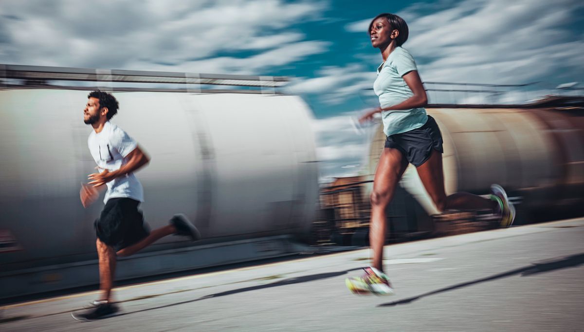 Man and woman running fast