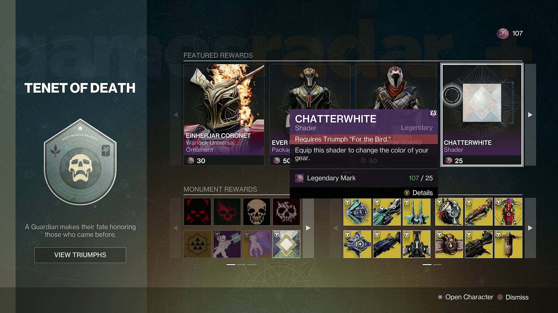 Destiny 2 For the Bird triumph required for Chatterwhite shader in Tenet of Death vendor menu