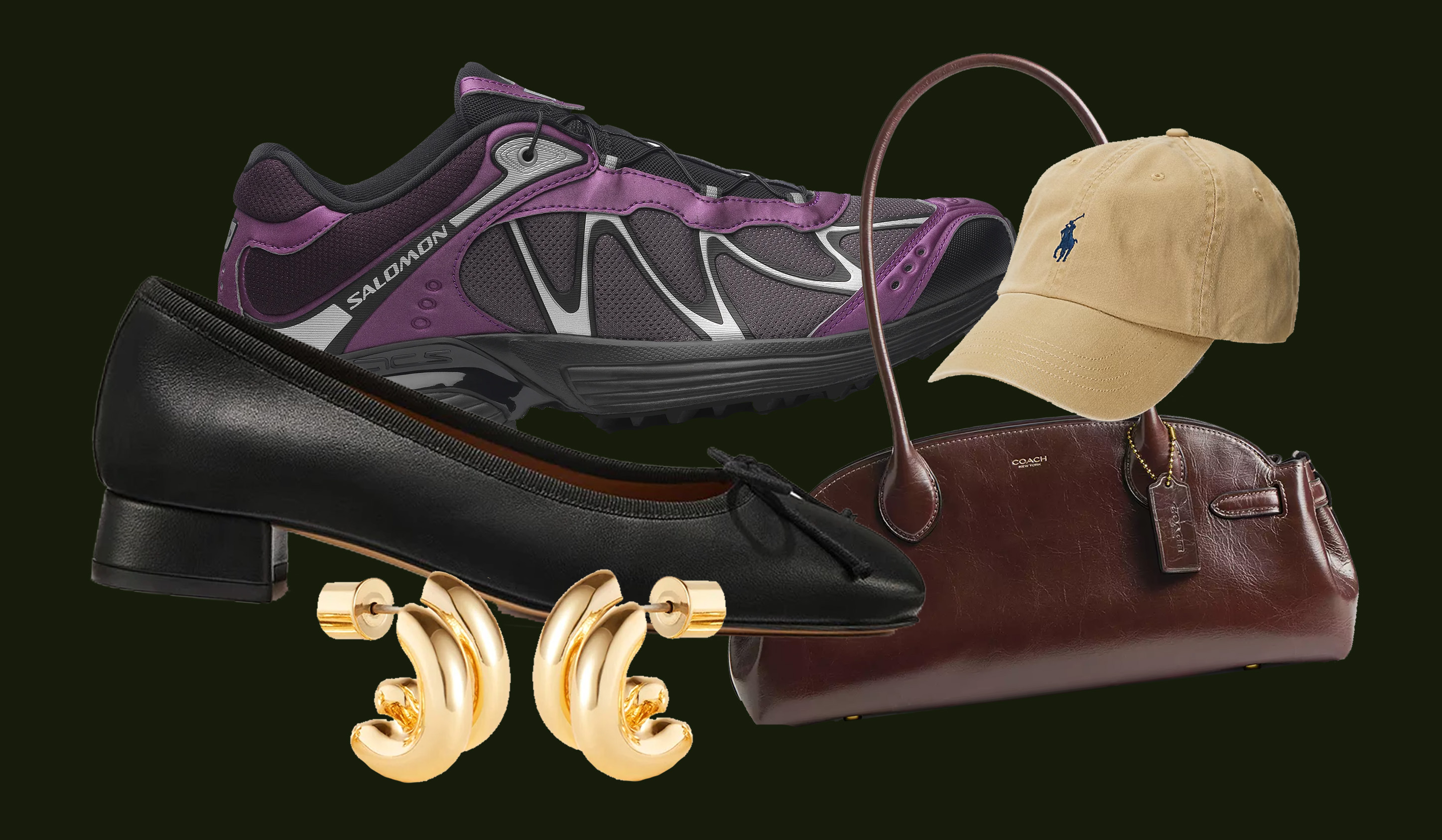 collage of sneakers, balltet flats, earrings, hat, and bag