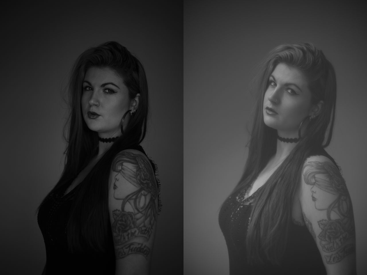 On the left is a shot with no netting, using only the ambient light to see how the image is with no effects. On the right we've added light-colored netting, which diffuses the shadows and midtones, and a speed light at 1/16 power to achieve an ethereal look.