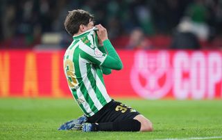 Juan Miranda celebrates after scoring the winning penalty for Real Betis in the Copa del Rey final.