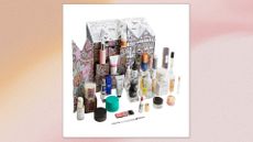 Image of Liberty's Beauty Advent Calendar 2024 with the lineup of products featured inside, on a pink watercolour background