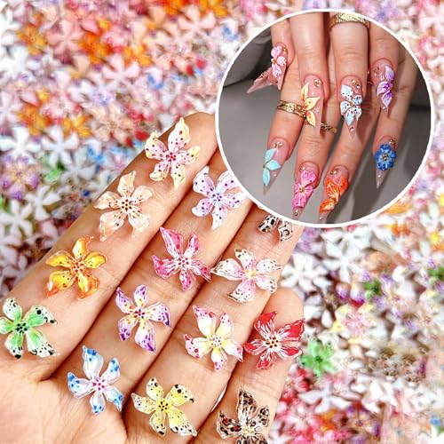 Ueyrsed 60pcs 3d Flower Nail Charms Hibiscus Floral Nail Gems Spring Summer Nail Jewelry With Tiny Rhinestones Acrylic Nail Art Supplies for Women Colorful Ice Lily Nail Design and Diy Crafts