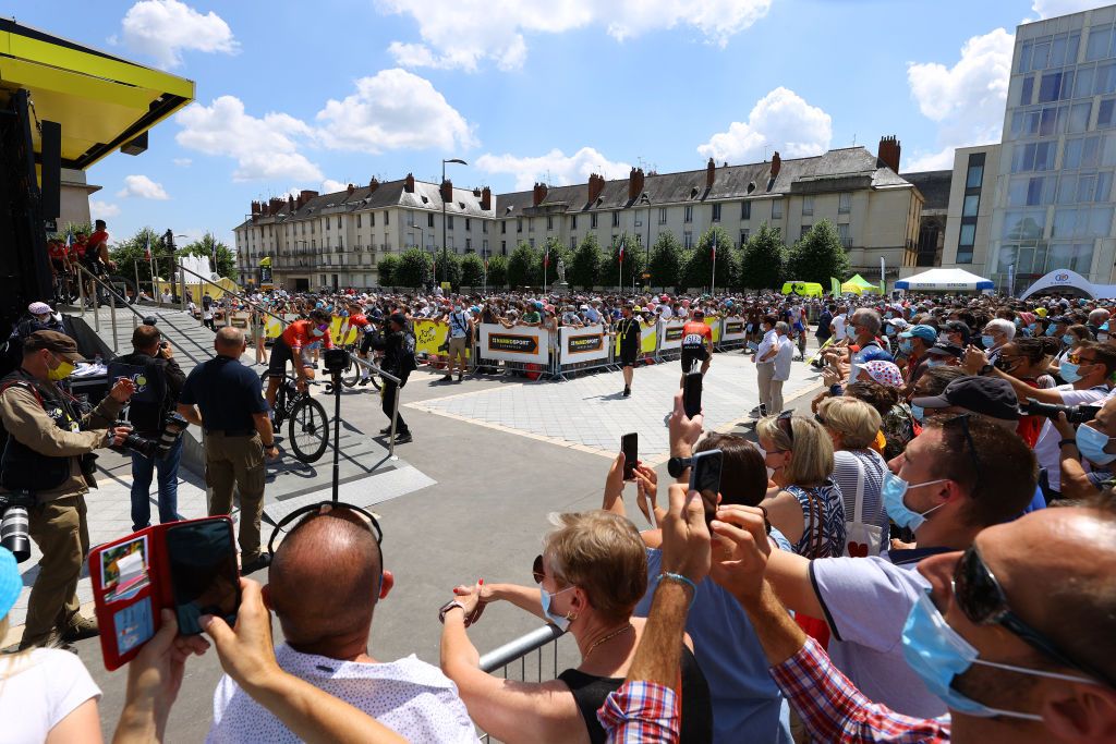 CHATEAUROUX FRANCE JULY 01 Nacer Bouhanni of France and Team Arka Samsic and Teammates at start during the 108th Tour de France 2021 Stage 6 a 1606km stage from Tours to Chteauroux Fans Public LeTour TDF2021 on July 01 2021 in Chateauroux France Photo by Tim de WaeleGetty Images