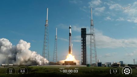 A SpaceX Falcon 9 launches the company's CRS-34 cargo mission to the International Space Station for NASA from Florida on May 15, 2026.