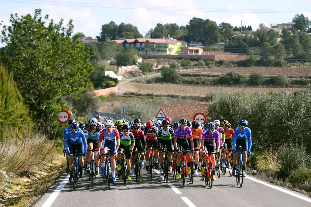 CULLERA SPAIN FEBRUARY 06 Dario Cataldo of Italy and Movistar Team Stijn Vandenbergh of Belgium and Team Ag2R La Mondiale Romain Cardis of France Team Total Direct Energie Tsgabu Grmay of Ethiopia and Team MitcheltonScott Jonathan Castroviejo of Spain and Team INEOS Marc Soler of Spain and Movistar Team Peloton during the 71st Volta a la Comunitat Valenciana 2020 Stage 2 a 181km stage from Torrent to Cullera 181m VueltaCV VCV2020 on February 06 2020 in Cullera Spain Photo by David RamosGetty Images