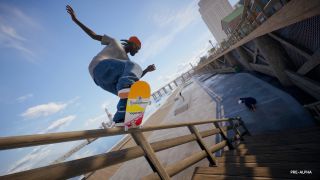 A skater grinds down a wooden bannister in a boardwalk coastal area
