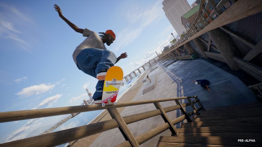 A skater grinds down a wooden bannister in a boardwalk coastal area