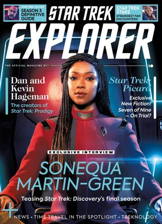 Official cover for "Star Trek Explorer #11," showing in a woman in a red star trek uniform.
