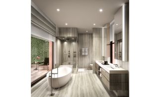 Bathtoom interior is filled with luxurious finishes