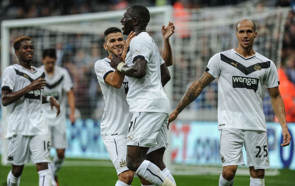 Moussa Sissoko (C) of Newcastle celebrates with teammates Rolando Aarons (Far left), Mehdi Abeid (L) and Gabriel Obertan (R) after scoring the only goal during a Pre-Season Friendly between Newcastle United and Real Sociedad on August 10, 2014, in Newcastle upon Tyne, England.