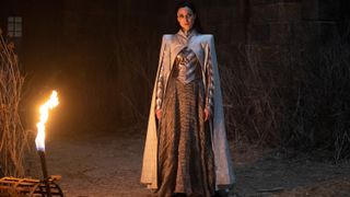 Natasha O'Keeffe in a white and silver gown as Lanfear in The Wheel of Time season 2 episode 7