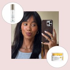 Woman taking a mirror selfie superimposed with a GIF of the best neck-firming creams