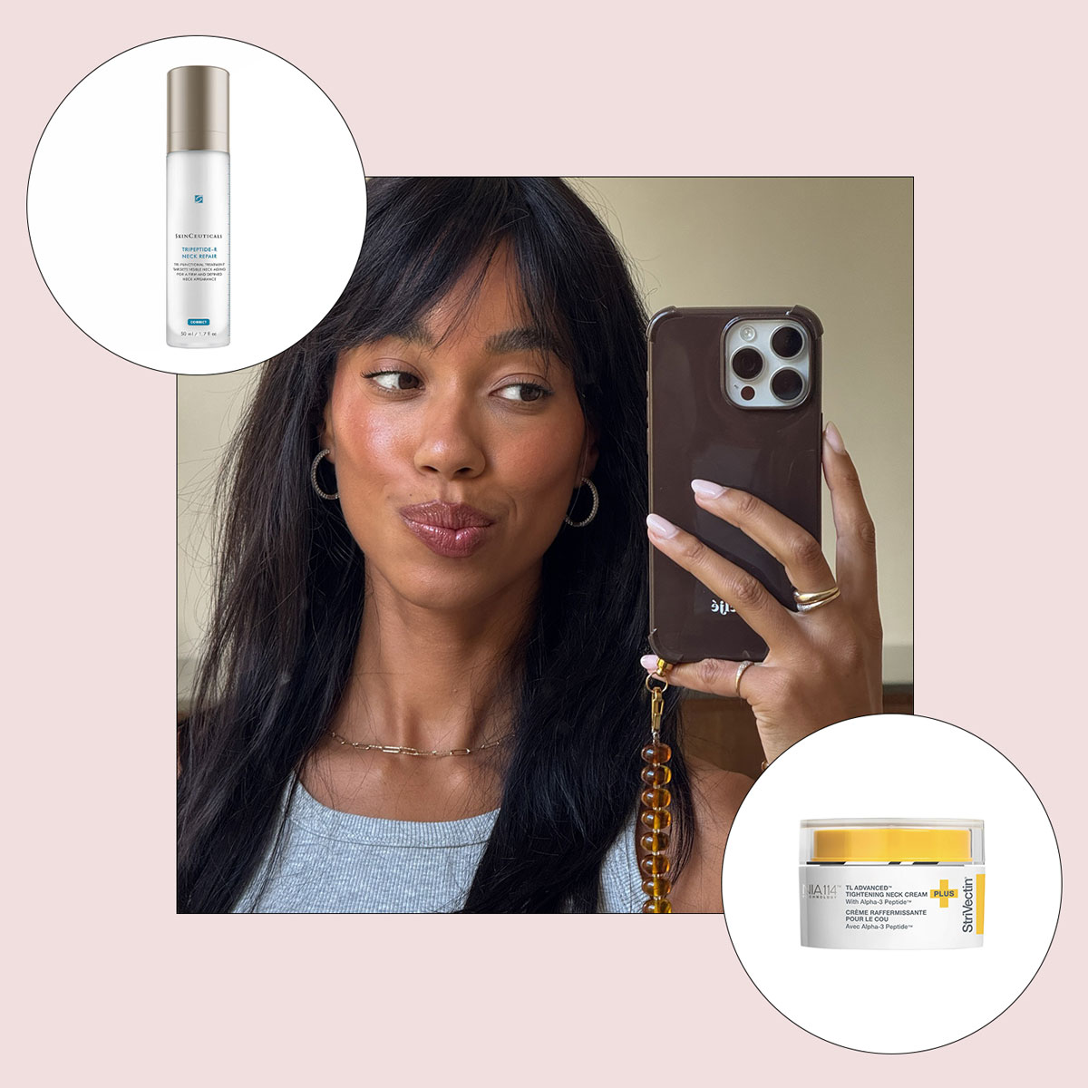 Woman taking a mirror selfie superimposed with a GIF of the best neck-firming creams