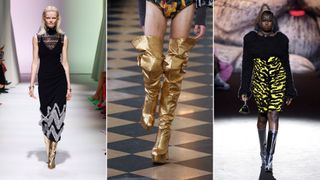Three models on the runway showing boot trends 2023 - metallic boots