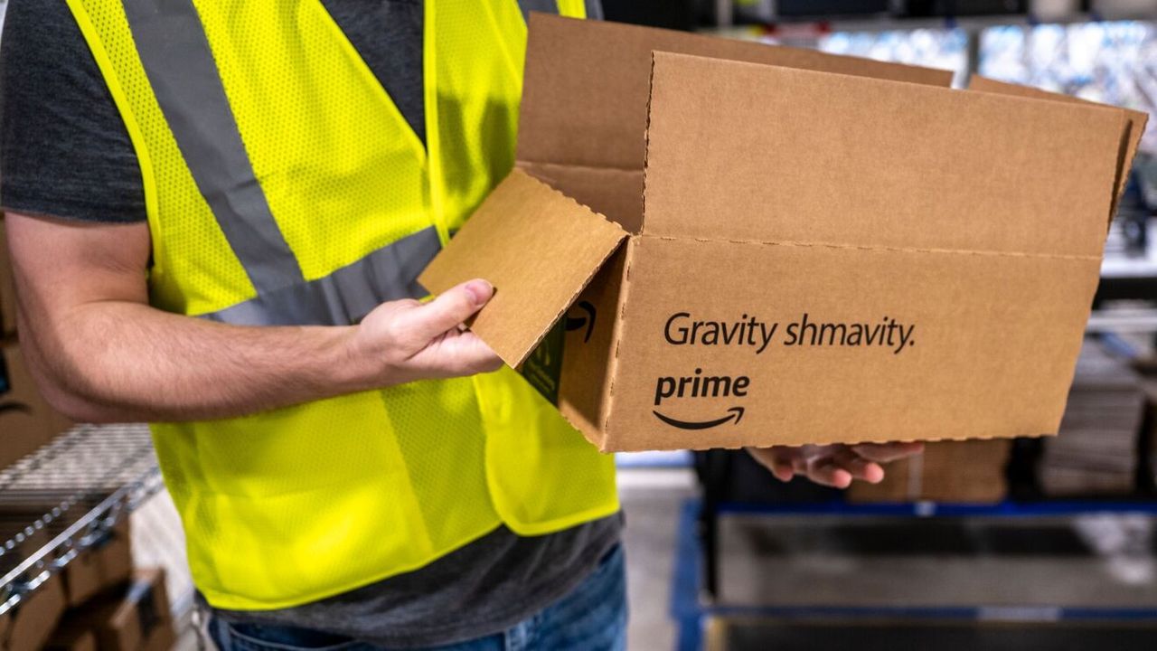 Picture of Amazon's 'Trampoline' boxes used for drone delivery, which offer extra cushioning to protect items during their 13-foot drop on delivery.