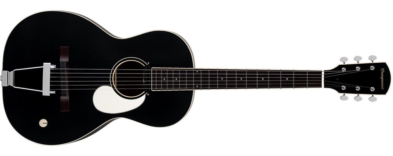 Orangewood Juniper, a parlour-sized acoustic fitted with a rubber bridge and a rail humbucker