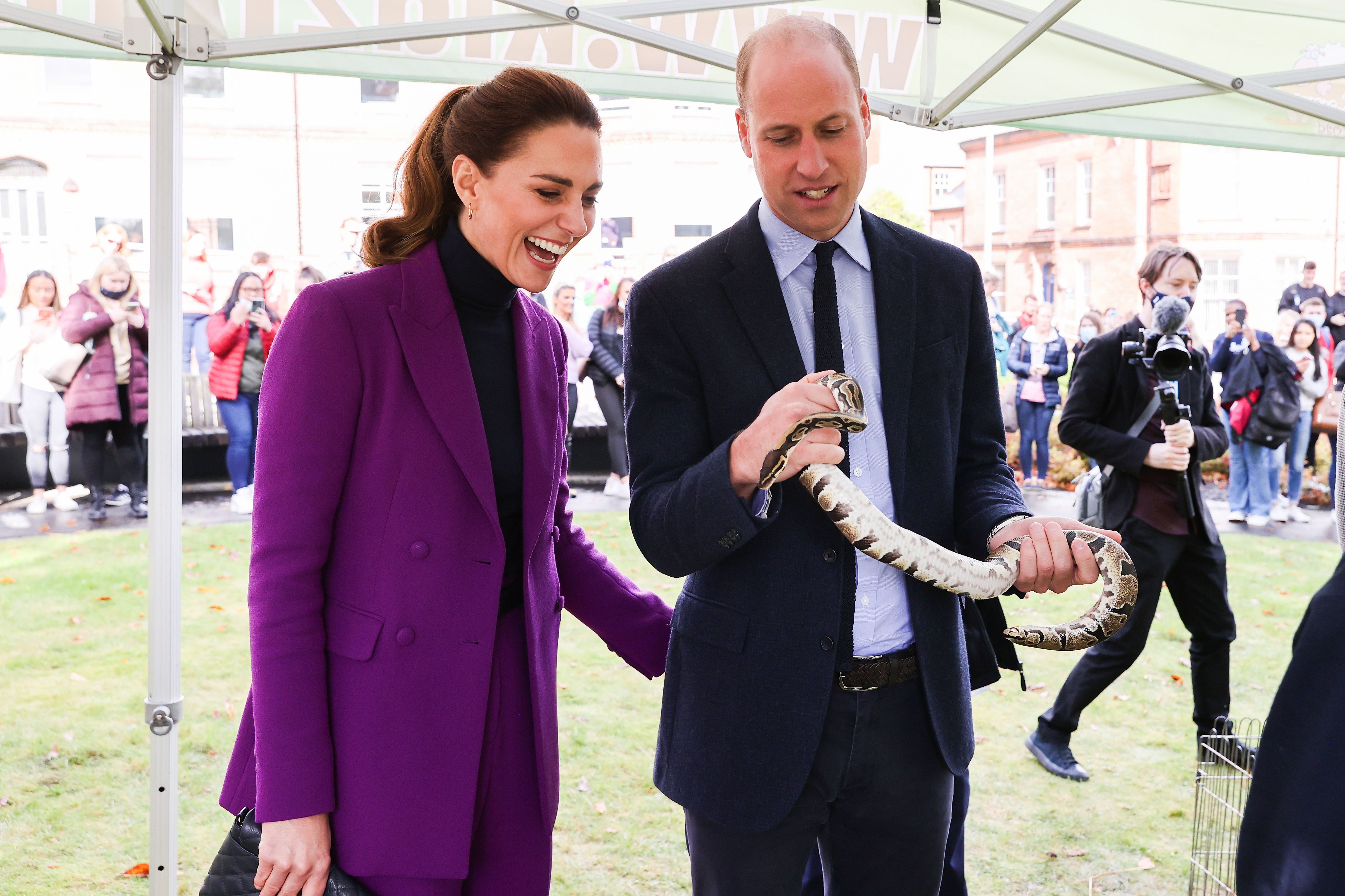 Kate Middleton laughs as Prince William holds a snake during a visit to a petting zoo