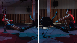 How to use the rowing machine: man performing the catch and recovery phase on the rower