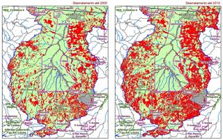 Deforestation, depicted in red, in the Xingu Indigenous Territory of the Amazon rainforest in Brazil, 2000 (left) and 2010.